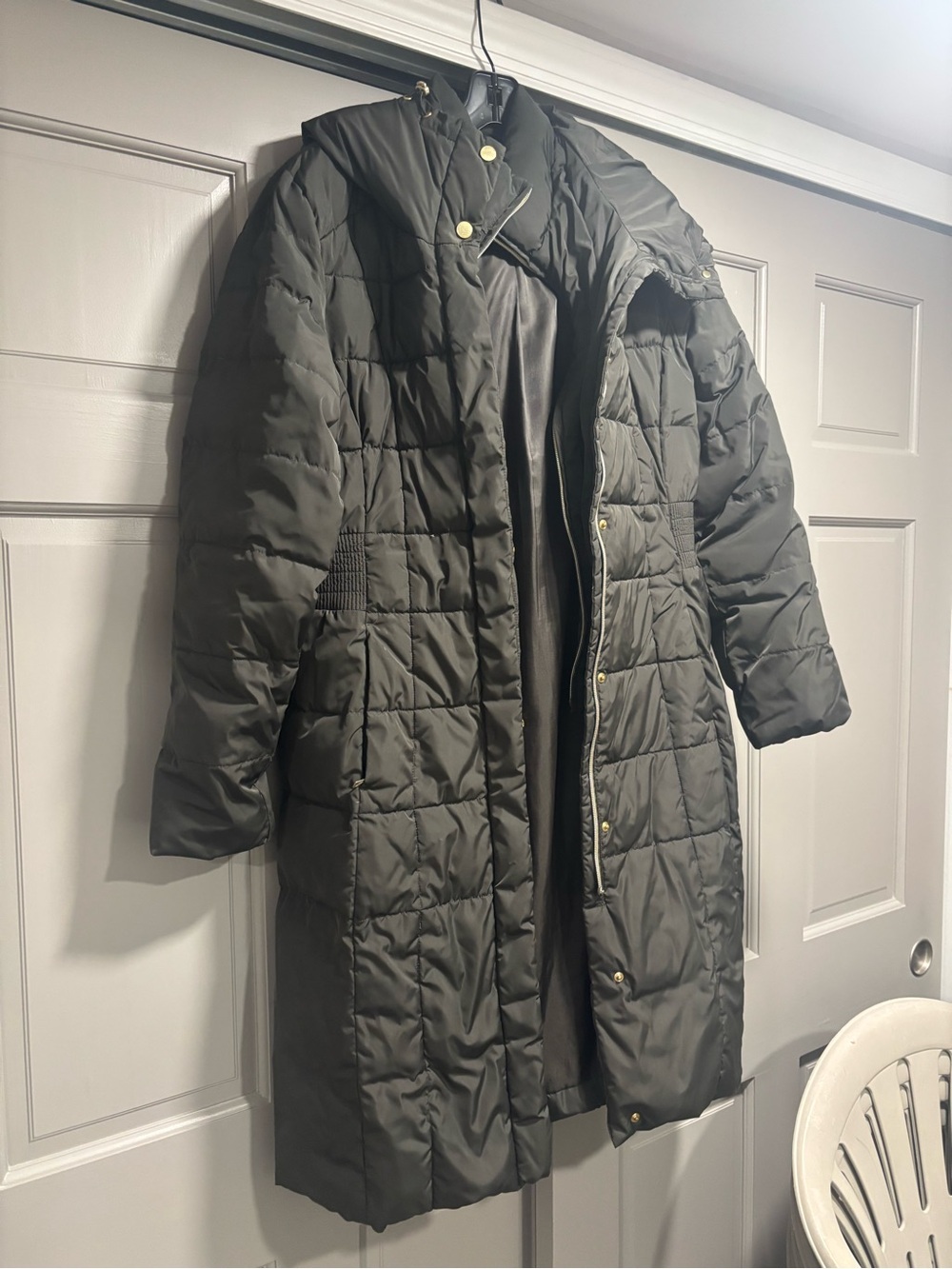 Cole Haan Olive Quilted Long Hooded Puffer Coat
